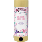 L'Artoz Papier AG Tischbombe ohne Feuer - Welcome Baby Girl présente des tons roses et dorés avec des étoiles, des ballons et un texte joyeux - un centre de fête sûr et réutilisable, parfait pour les célébrations de bébé.