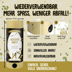 Le "Tischbombe ohne Feuer - Silvester Party" d'Artoz Papier AG est une bombe de fête réutilisable de couleur or et noire avec un mode d'emploi en allemand : "Wiederverwendbar, mehr Spaß, weniger Abfall !" Des images d'étapes et des confettis montrent que l'utilisation est sûre.