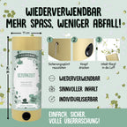 La Tischbombe ohne Feuer - Elternzeit d'Artoz Papier AG est présentée avec des instructions. Elle est réutilisable, personnalisable et contient des objets significatifs. Les confettis verts et le texte en allemand mettent l'accent sur la réduction des déchets pour une célébration durable.