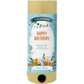 Die Artoz Papier AG Tischbombe ohne Feuer - Happy Birthday zeigt ein festliches hellblaues Design mit Luftballons, Geschenken, Kuchen, Konfetti und Bannern für sichere und fröhliche Feiern.