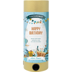 Die Artoz Papier AG Tischbombe ohne Feuer - Happy Birthday zeigt ein festliches hellblaues Design mit Luftballons, Geschenken, Kuchen, Konfetti und Bannern für sichere und fröhliche Feiern.