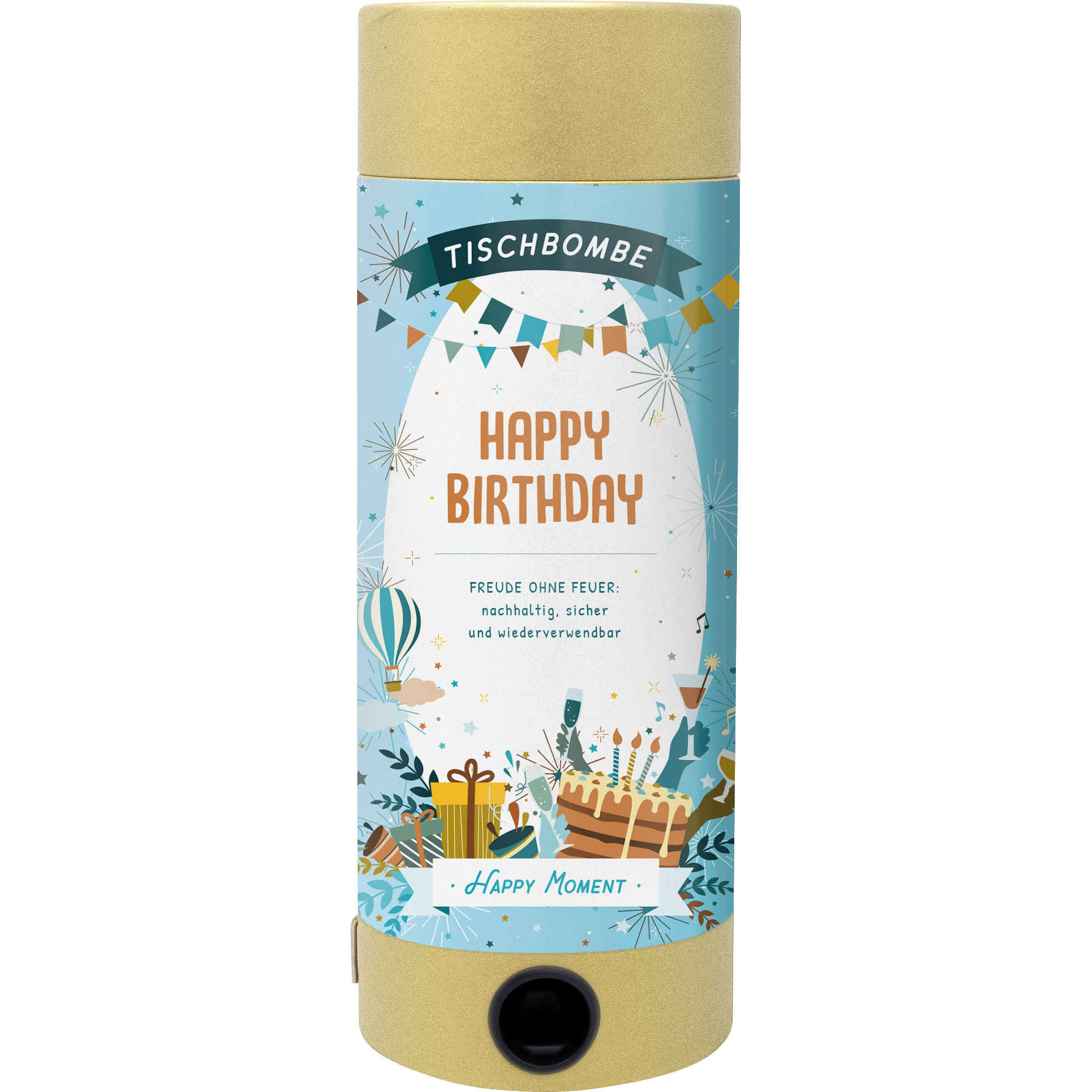 Die Artoz Papier AG Tischbombe Happy Birthday ist ein zylindrischer Partyknaller mit festlichen Geburtstagsmotiven - Luftballons, Kuchen, Geschenke und Konfetti - in den Farben Blau, Gelb und Weiß; perfekt für jede Geburtstagsparty.