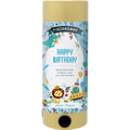 L'Artoz Papier AG Tischbombe ohne Feuer - Happy Birthday Boy est une bombe cylindrique décorée de motifs d'anniversaire colorés, de ballons, de confettis, d'un lion et d'un robot, avec "Happy Birthday" en grandes lettres bleues sur le devant.