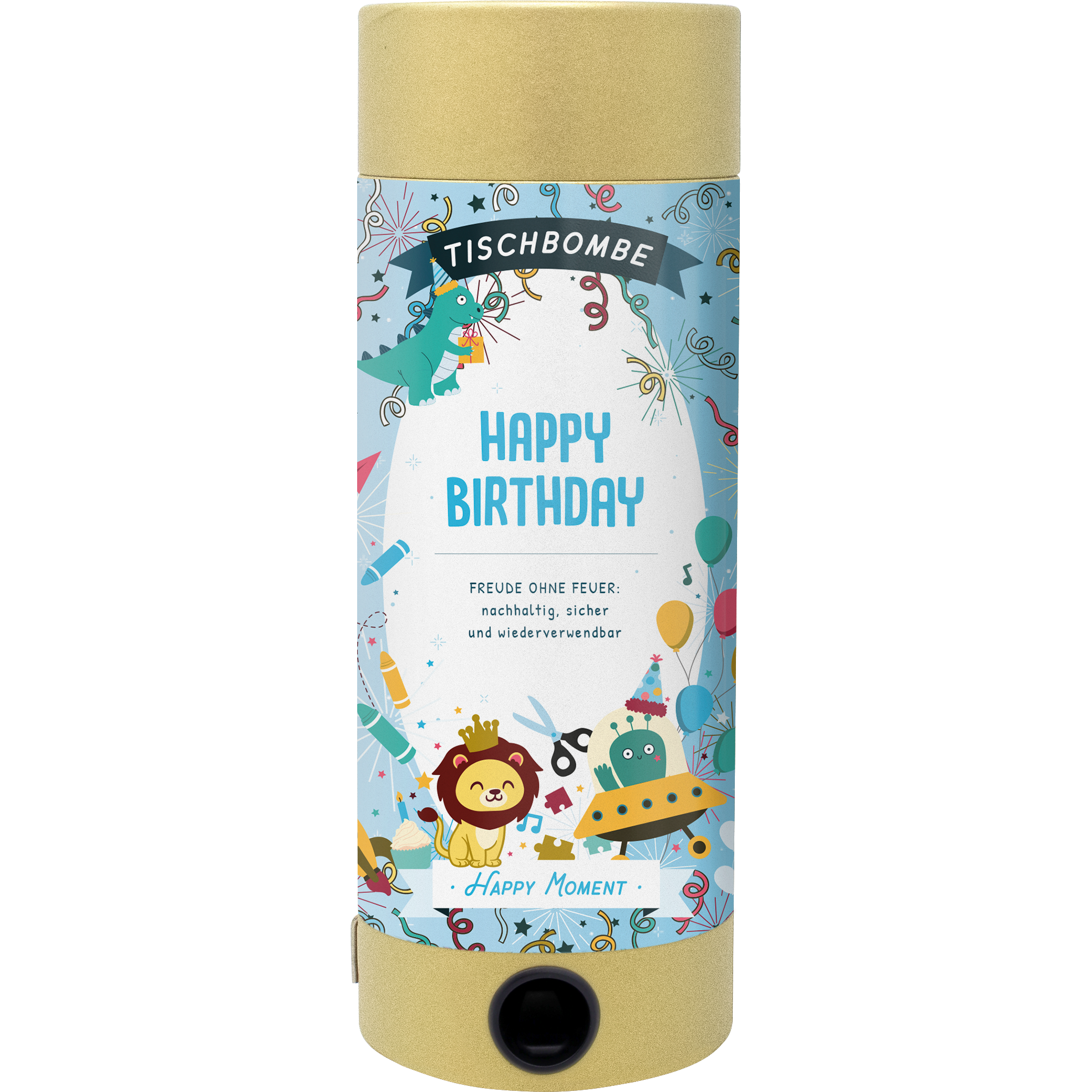 L'Artoz Papier AG Tischbombe ohne Feuer - Happy Birthday Boy est une bombe cylindrique décorée de motifs d'anniversaire colorés, de ballons, de confettis, d'un lion et d'un robot, avec "Happy Birthday" en grandes lettres bleues sur le devant.