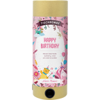 L'Artoz Papier AG Tischbombe ohne Feuer - Happy Birthday Girl est une bombe cylindrique décorée d'images vibrantes sur le thème de l'anniversaire, de confettis et d'un ours tenant un ballon. L'étiquette comporte un texte rose "Happy Birthday" sur fond blanc.