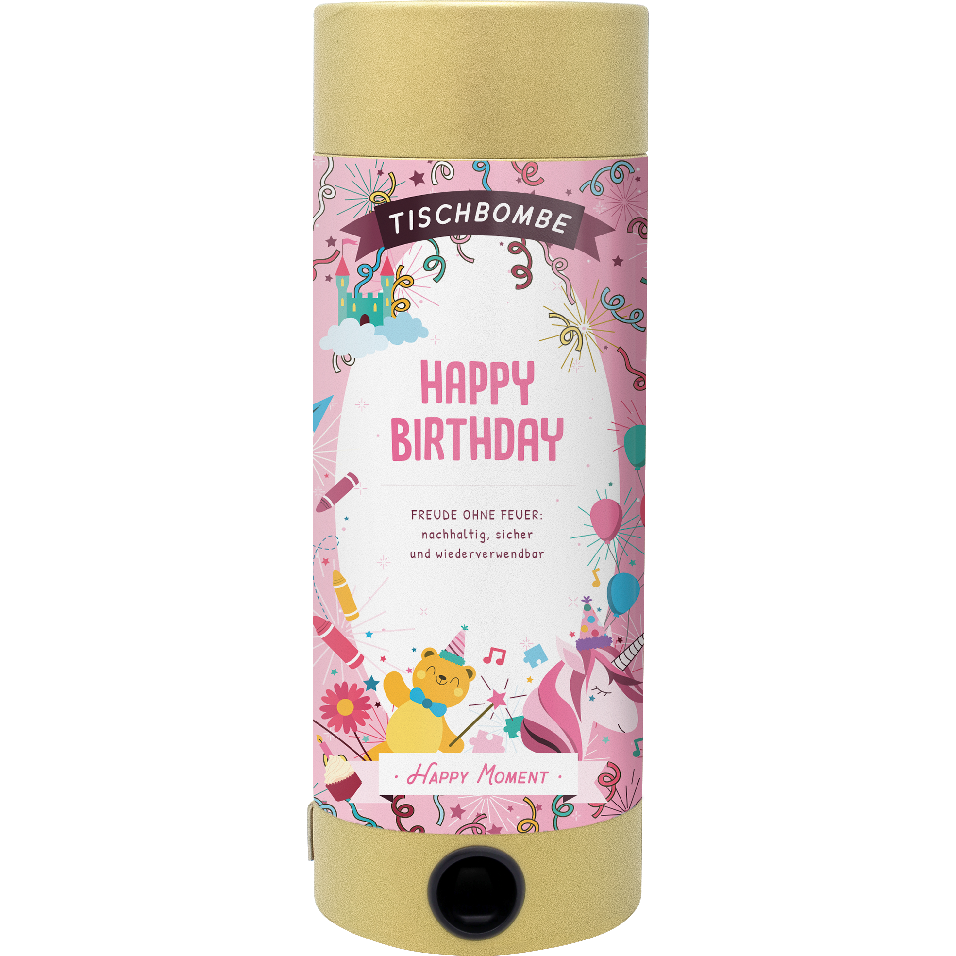 L'Artoz Papier AG Tischbombe Happy Birthday Girl est un feu d'artifice cylindrique aux couleurs rose et or, aux motifs festifs et au texte "Happy Birthday". C'est un feu d'artifice idéal pour toutes les célébrations.