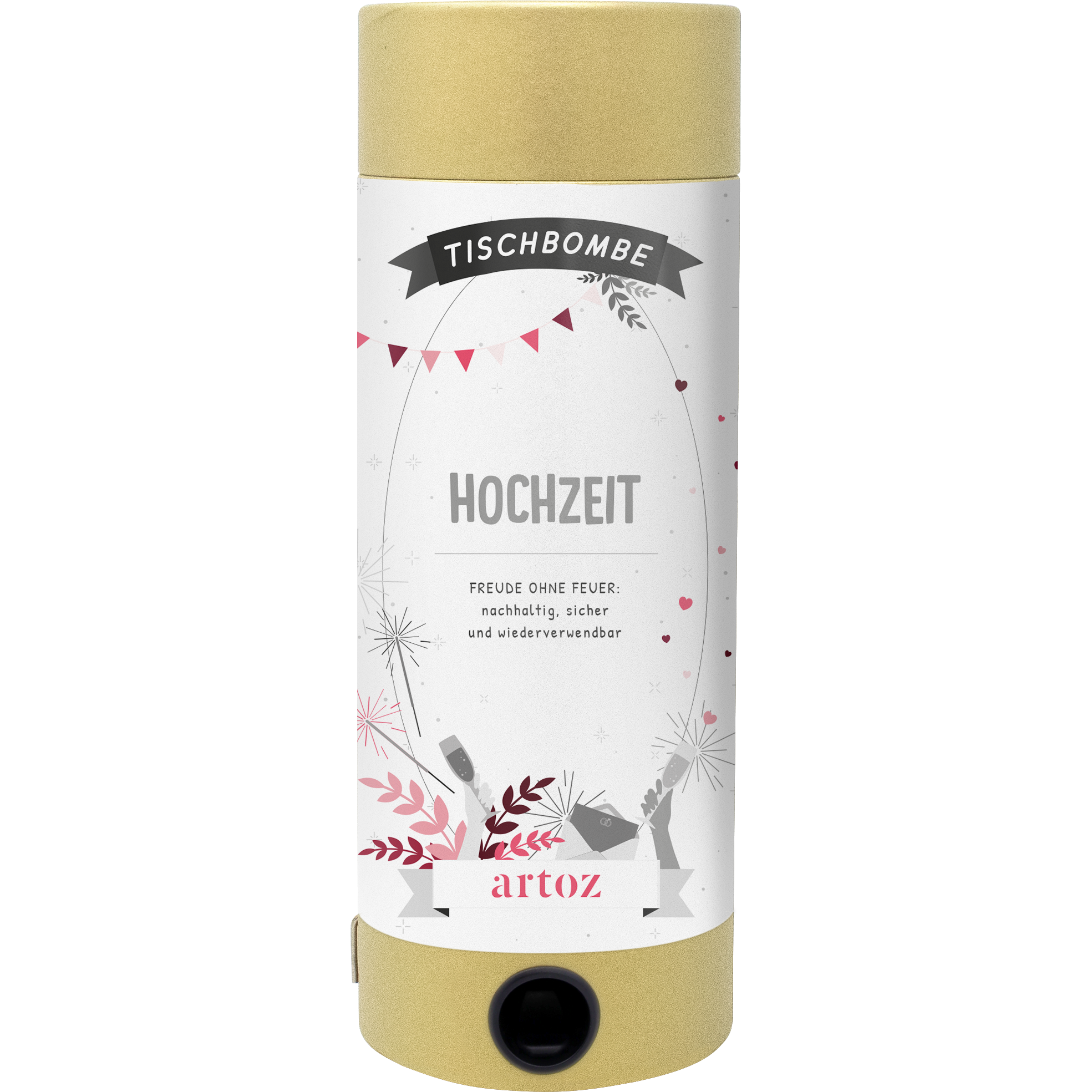 Die Artoz Papier AG Tischbombe ohne Feuer - Hochzeit ist ein gold-weißer, stilvoll dekorierter Zylinder für Hochzeiten - eine festliche Hochzeitsdeko und lustige, wiederverwendbare Konfetti-Alternative für Ihre Feier.