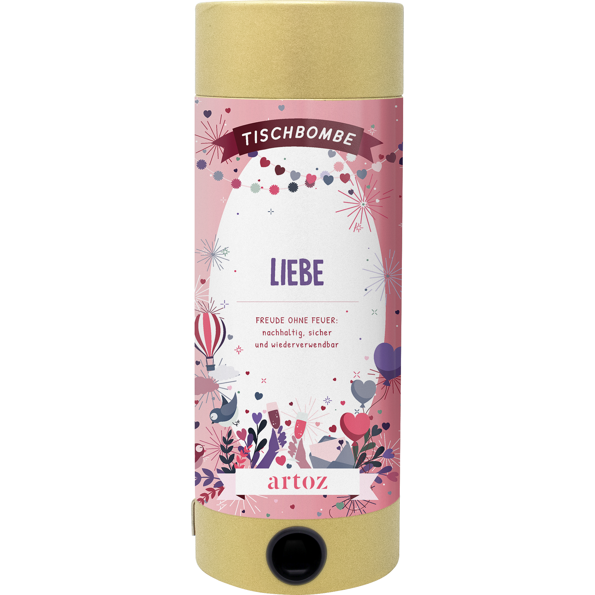 La Tischbombe ohne Feuer - Liebe d'Artoz Papier AG a un design cylindrique rose sur le thème du cœur, avec des feux d'artifice et des ballons. L'étiquette indique qu'elle est sicher, nachhaltig und wiederverwendbar (sûre, durable et réutilisable).