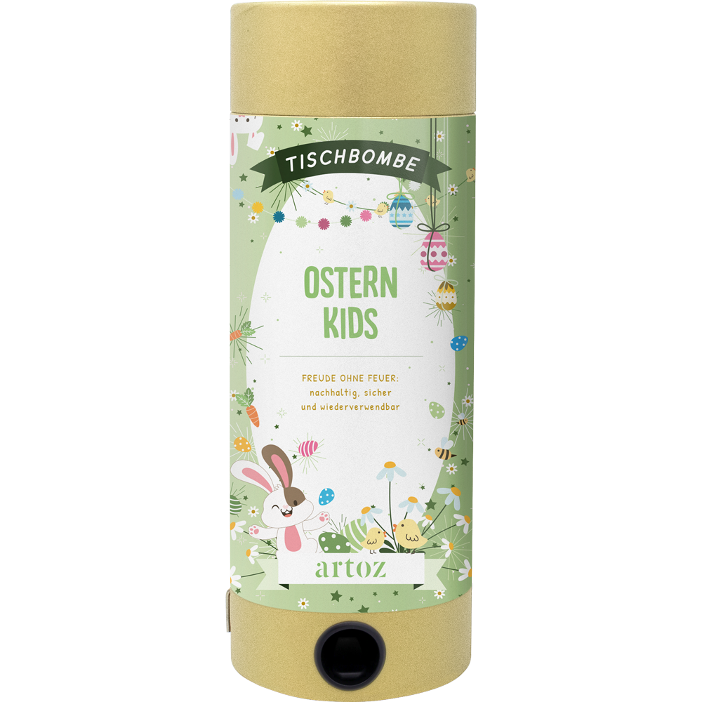 Die Tischbombe ohne Feuer - Ostern Kids von Artoz Papier AG ist ein grün-goldener Zylinder mit Osterdekoration, bunten Eiern, verspielten Häschen und kindgerechten Frühlingsmotiven, die am unteren Rand den Markennamen tragen.