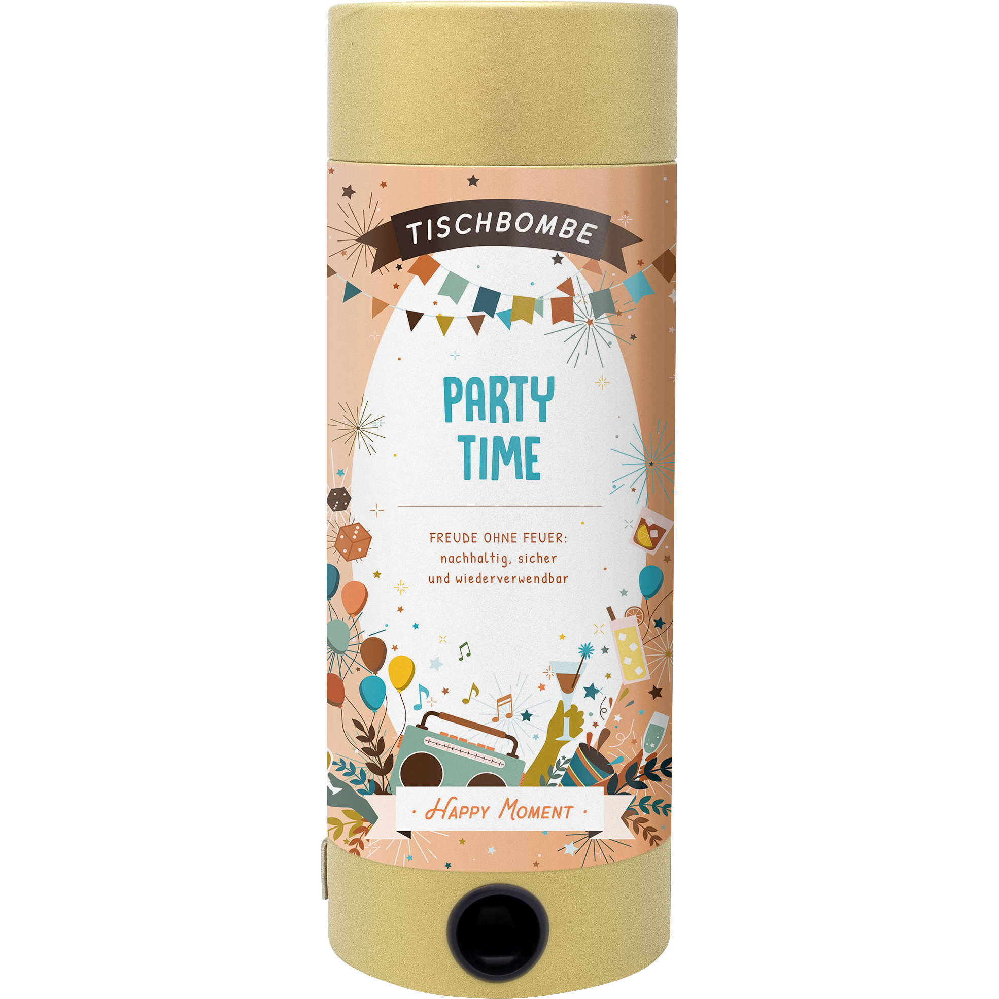 Une fête en toute sécurité : La boîte à tartines sans fumée - Party Time d'Artoz Papier AG contient des ballons, des fleurs, de la pâte à tartiner et des notes de musique. L'étiquette bleue "Party Time", avec des couleurs dorées et un texte en allemand, est destinée aux fêtes de fin d'année.