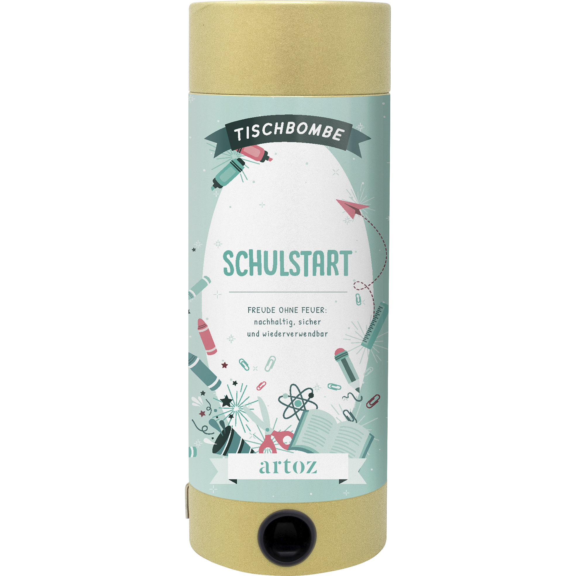 Die Tischbombe ohne Feuer - Schulstart von Artoz Papier AG zeigt bunte Schulmotive wie Bücher, Stifte und Papierflieger auf hellblauem Hintergrund und ist eine kinderfreundliche Alternative zu Konfettikanonen.
