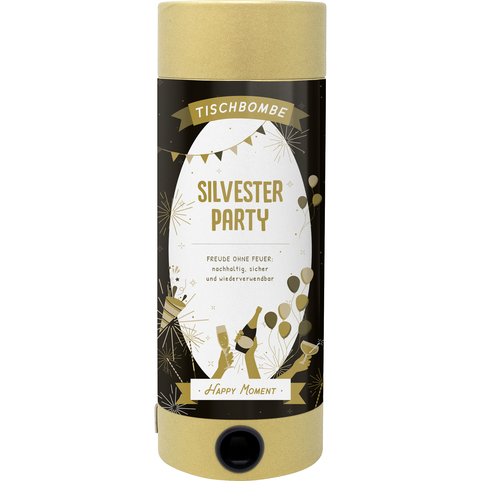 L'Artoz Papier AG Tischbombe ohne Feuer - Silvester Party est un party popper cylindrique or et noir avec des icônes festives et un texte en allemand. Il s'agit d'une Tischbombe sichere, wiederverwendbare, parfaite pour toutes les célébrations.