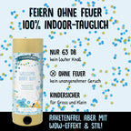 Une publicité allemande pour le produit Tischbombe ohne Feuer - Welcome Baby Boy d'Artoz Papier AG présente des confettis bleus et or, en soulignant qu'ils sont sûrs à 100 % pour l'intérieur, sans danger pour les enfants, sans bruit ni fumée, et qu'ils produisent un effet de surprise très élégant.