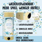 Une infographie allemande pour le produit Tischbombe ohne Feuer - Welcome Baby Boy d'Artoz Papier AG met en avant sa conception réutilisable, sûre et facile à utiliser avec un contenu personnalisable, des confettis bleu-or et des caractéristiques significatives pour les célébrations.