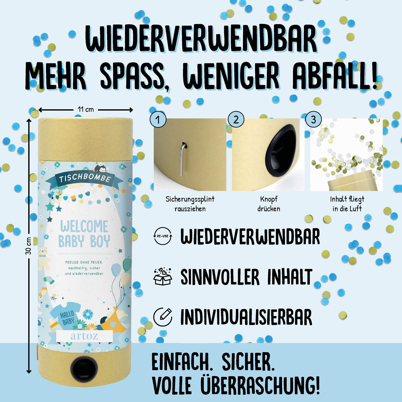 Une infographie allemande pour le produit Tischbombe ohne Feuer - Welcome Baby Boy d'Artoz Papier AG met en avant sa conception réutilisable, sûre et facile à utiliser avec un contenu personnalisable, des confettis bleu-or et des caractéristiques significatives pour les célébrations.