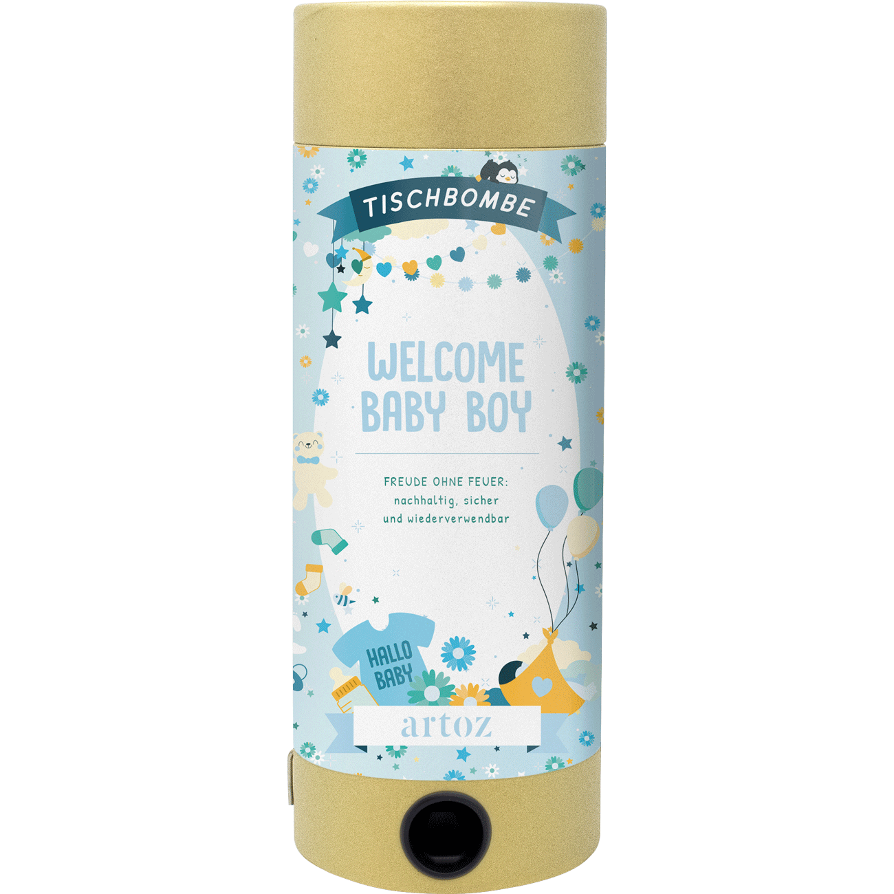 Tischbombe ohne Feuer - Welcome Baby Boy d'Artoz Papier AG, de forme cylindrique, bleu et or, avec une étiquette "Welcome Baby Boy", décorée d'illustrations sur le thème du bébé, telles que des ballons, des étoiles, un ours en peluche et une grenouillère.
