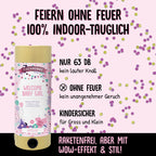 Une Artoz Papier AG Tischbombe ohne Feuer - Welcome Baby Girl rose et or est représentée sur des confettis. Elle est 100 % sûre à l'intérieur, sans flamme, sans danger pour les enfants, avec un bruit limité (63 dB), réutilisable et ne dégage pas d'odeur désagréable.