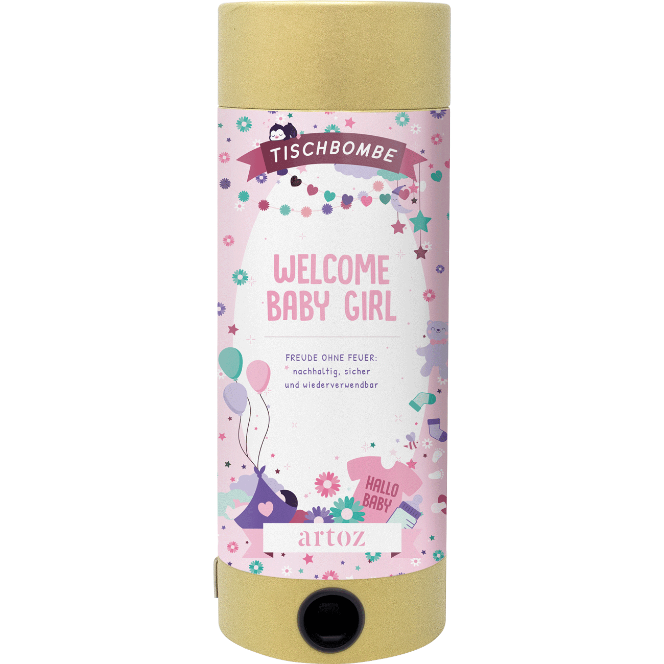 Le Tischbombe ohne Feuer - Welcome Baby Girl d'Artoz Papier AG est un party popper cylindrique avec une étiquette rose et violette, des étoiles, des ballons et des confettis - un choix sûr pour les célébrations.