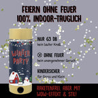 Eine Tischbombe ohne Feuer der Artoz Papier AG – Winter Party-Zylinder mit einer Winterlandschaft, auf der ein Haus und ein Schneemann zu sehen sind, umgeben von Konfetti und einem deutschen Text, der für die Verwendung als feuerfreie Alternative wirbt.