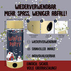 Anleitungsgrafik für die Tischbombe ohne Feuer – Winter Party der Artoz Papier AG, die den dreistufigen Vorgang zur Bedienung veranschaulicht und Merkmale wie die Wiederverwendbarkeit und die individuell anpassbaren Inhalte hervorhebt.