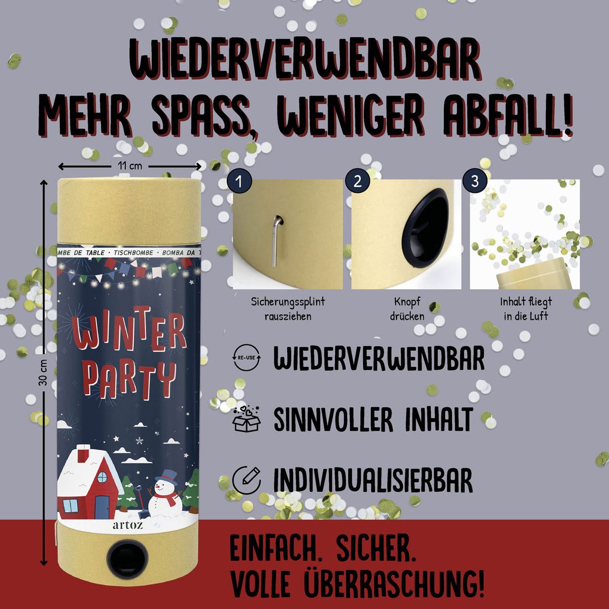 Anleitungsgrafik für die Tischbombe ohne Feuer – Winter Party der Artoz Papier AG, die den dreistufigen Vorgang zur Bedienung veranschaulicht und Merkmale wie die Wiederverwendbarkeit und die individuell anpassbaren Inhalte hervorhebt.