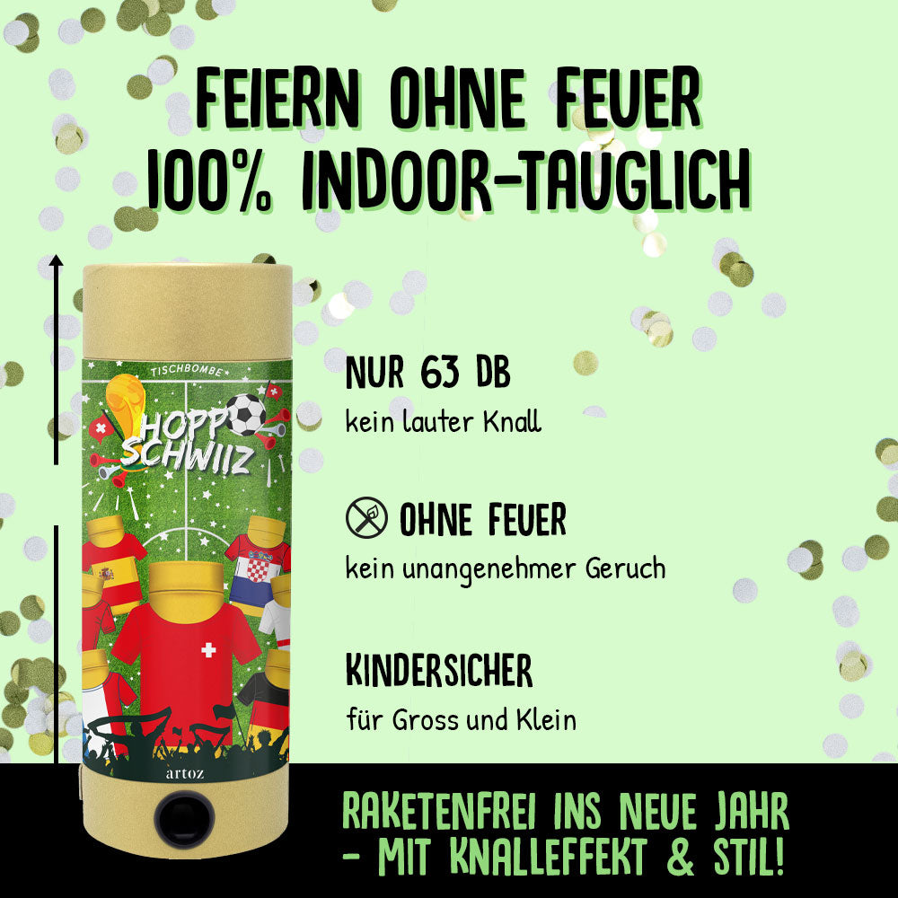 Faites la fête avec le Artoz Papier AG Tischbombe ohne Feuer - Fussball WM Team Schweiz : 100% de plaisir à l'intérieur, moins de 63 dB de bruit, sans fumée, sans danger pour les enfants, et des confettis festifs - la décoration suisse idéale pour une fête sûre et durable !.