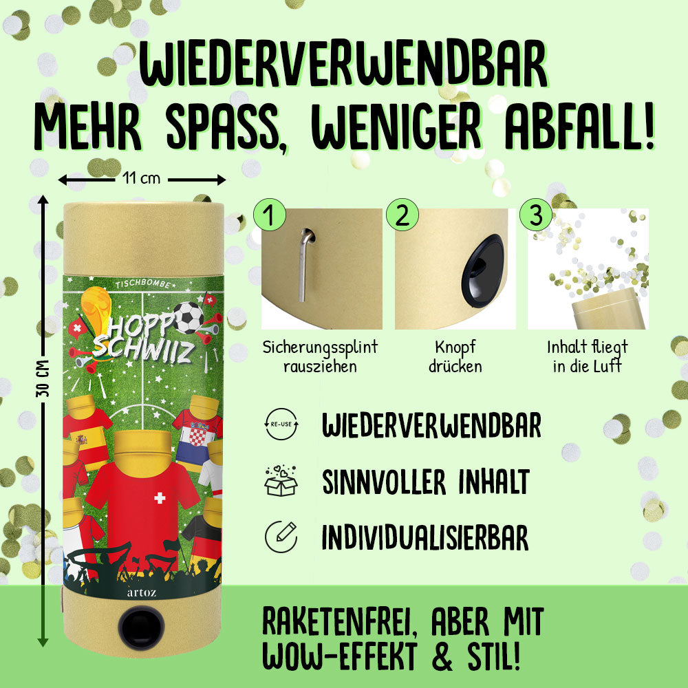 L'Artoz Papier AG "Tischbombe ohne Feuer - Fussball WM Team Schweiz" est un tube de fête réutilisable avec un design de football suisse ; il suffit de retirer la goupille et d'appuyer sur le bouton. Idéal comme Partydeko ou Tischbombe nachhaltige, il est personnalisable et sûr - pas besoin de feu.