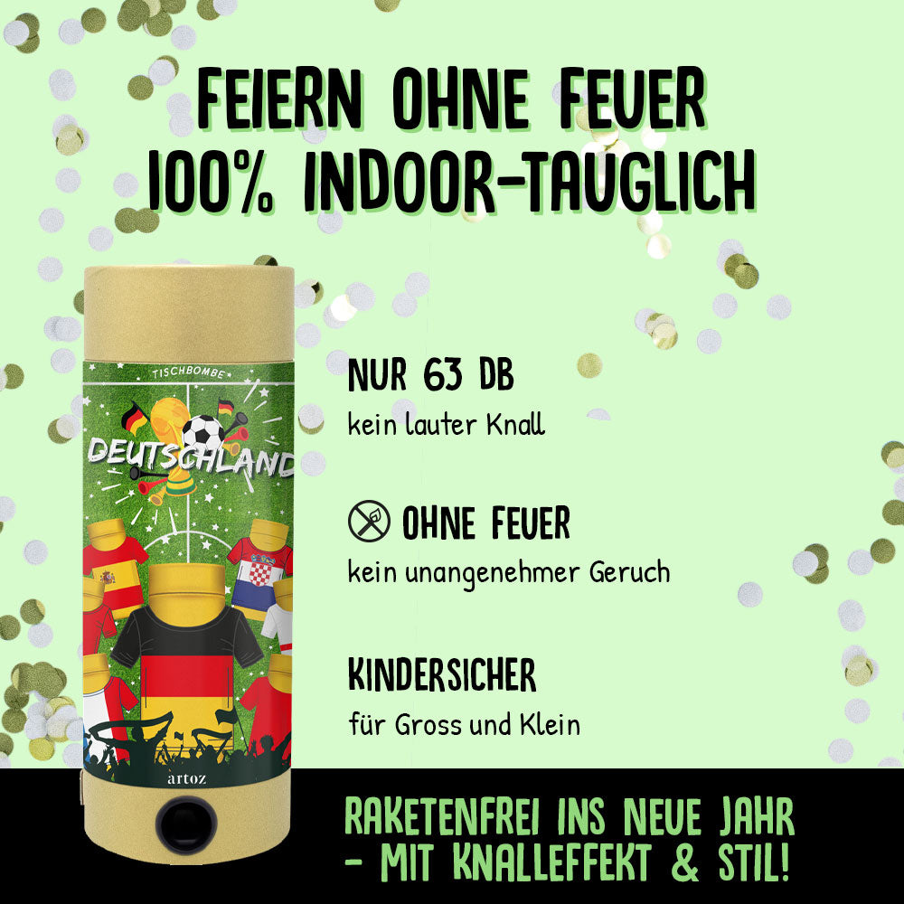 Publicité festive allemande pour le produit "Tischbombe ohne Feuer - Fussball WM Team Deutschland" d'Artoz Papier AG : Joueurs de football en dessin animé, confettis. Feiern ohne Feuer, 100% Indoor-tauglich, nur 63 dB, kindersicher-perfekt für die WM-Party !.