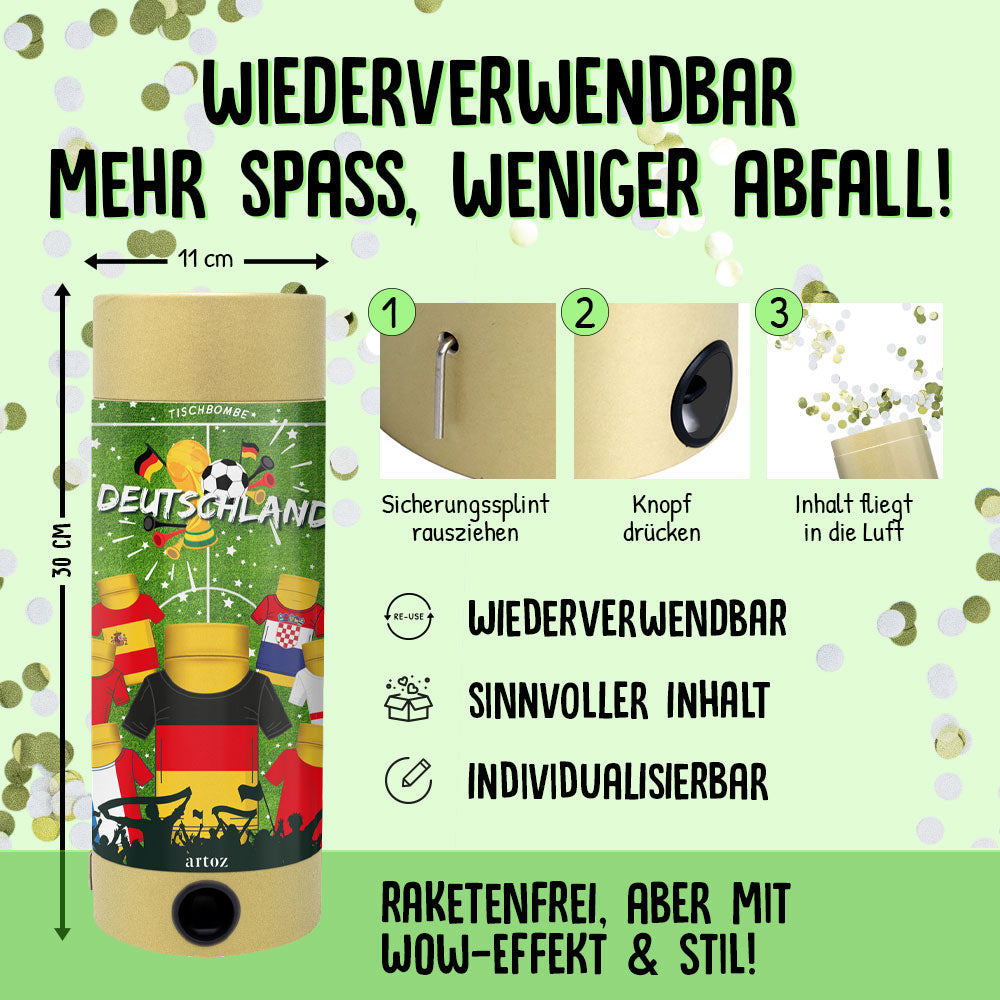 L'Artoz Papier AG Tischbombe ohne Feuer - Fussball WM Team Deutschland présente des motifs de football et d'Allemagne. Ce popper réutilisable et personnalisable offre un plaisir écologique, sans fusée, et soutient fièrement l'équipe d'Allemagne avec un style durable.