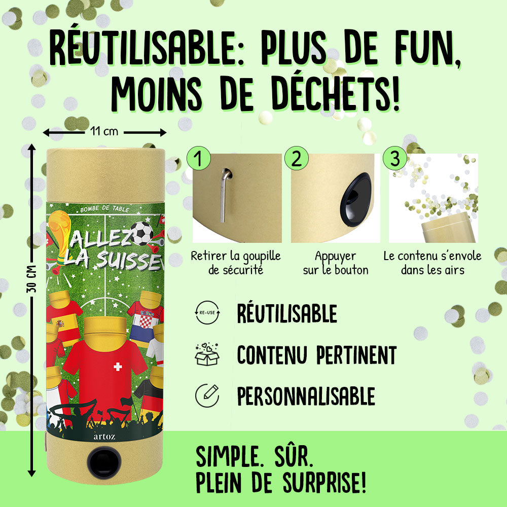 Le "ballon de table sans fumée - Fussball WM Team Schweiz" d'Artoz Papier AG est un jeu d'enfant de qualité supérieure avec des instructions, un design suisse et une décoration irréprochable et respectueuse de l'environnement - idéal pour votre nouveau match de football ! Un petit konfetti avec un arrière-plan de couleur noire.