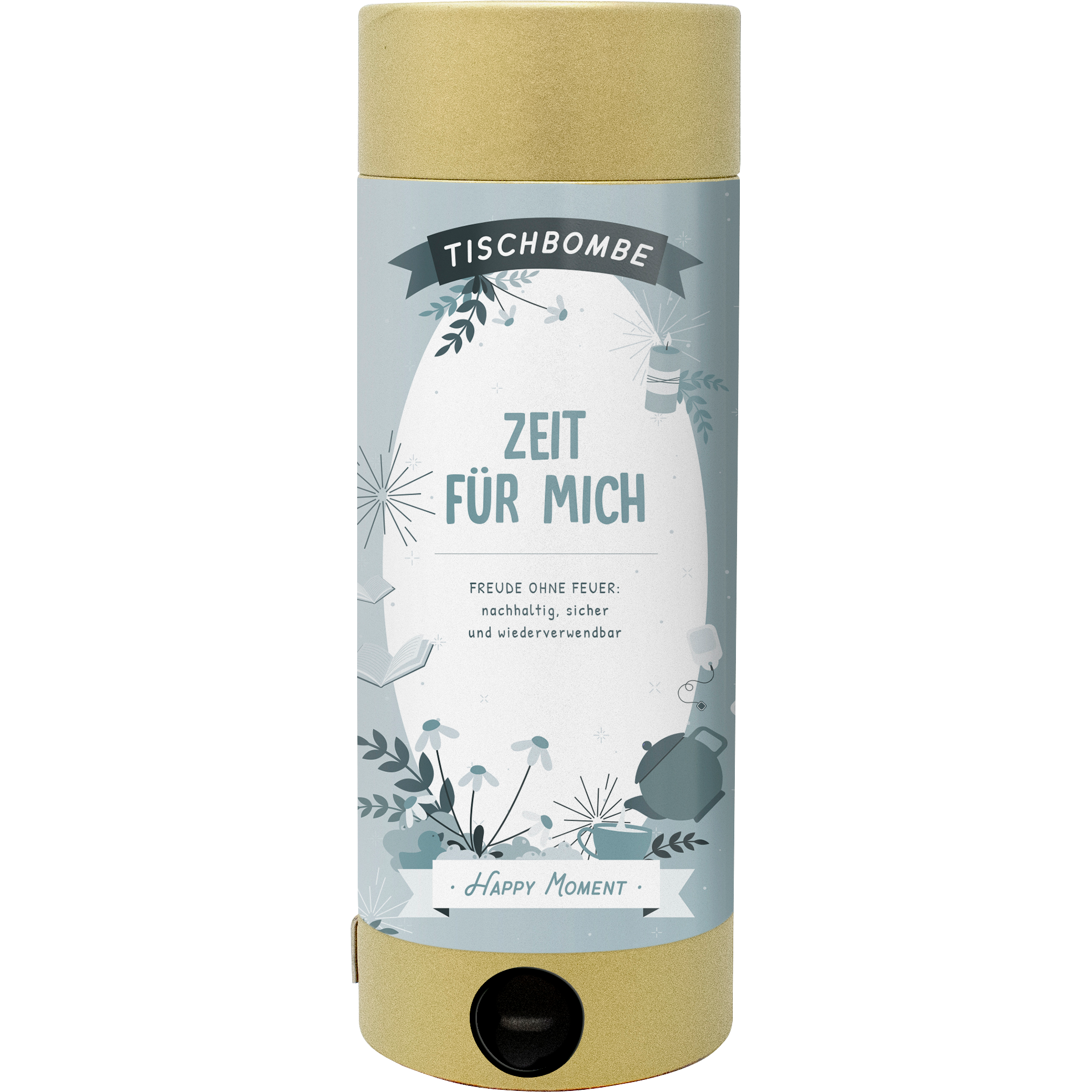 Une boîte à tartines sans fumée d'Artoz Papier AG, sympathique et respectueuse de l'environnement, avec de nombreuses extrémités et un label bleu-gris "Zeit für mich", qui contient des tee-shirts, des plantes, des stères et la mention "Happy Moment".