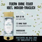 Image promotionnelle pour la "Tischbombe ohne Feuer - Zeit für mich" d'Artoz Papier AG : 63 dB, pas de feu ni d'odeur, sans danger pour l'intérieur. Un texte en allemand souligne les avantages, avec des confettis bleus et or en arrière-plan.