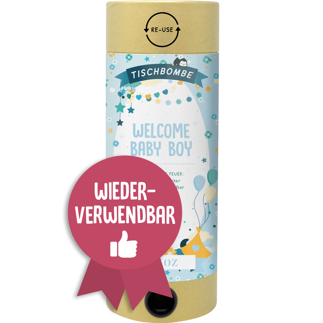 La bombe de table Artoz Papier AG Tischbombe ohne Feuer - Welcome Baby Boy est une bombe de table réutilisable bleue et jaune avec un badge "Wiederverwendbar", qui offre un décor sûr et festif pour les célébrations de la naissance d'un garçon.