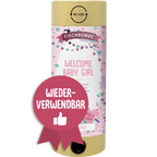 L'Artoz Papier AG Tischbombe ohne Feuer - Welcome Baby Girl, décoré d'étoiles et d'animaux roses, comprend un badge Wiederverwendbar (réutilisable) et offre une alternative sichère pour votre célébration.