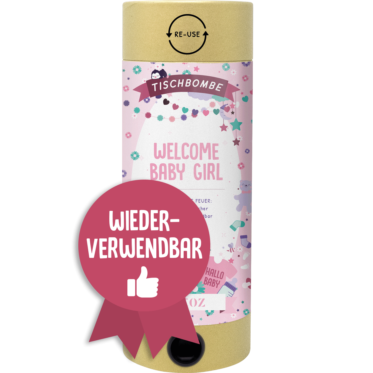 L'Artoz Papier AG Tischbombe ohne Feuer - Welcome Baby Girl, décoré d'étoiles et d'animaux roses, comprend un badge Wiederverwendbar (réutilisable) et offre une alternative sichère pour votre célébration.