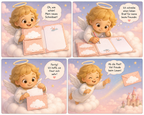 Un adorable petit ange aux cheveux blonds bouclés et coiffé d'une auréole écrit une lettre sur le kit d'écriture pour enfants « Wolke » d'Artoz Papier AG, la glisse dans une enveloppe et la fait s'envoler joyeusement vers un lointain château rose dans le ciel de rêve.
